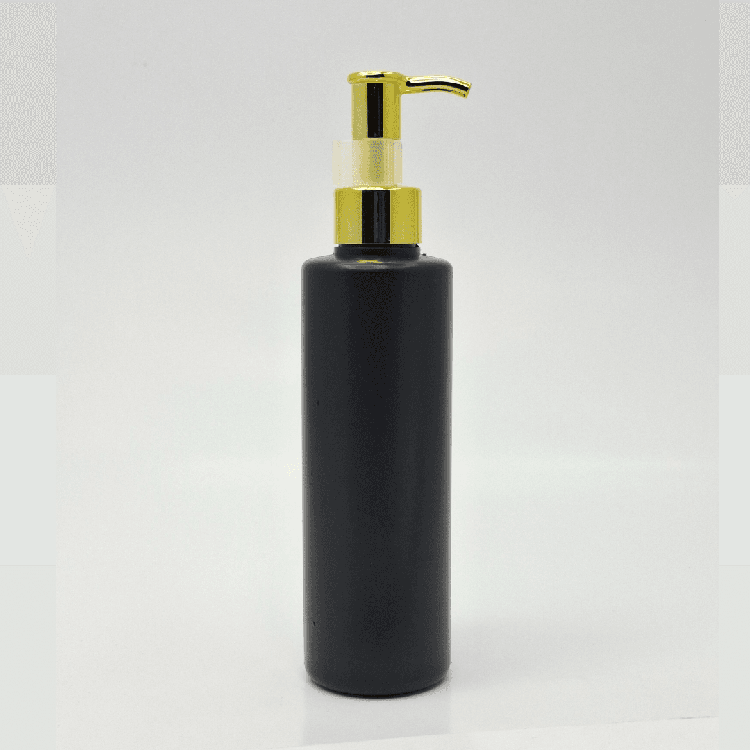 Main image of 200ml Black HDPE Bottle - Gold Long Neck Pump