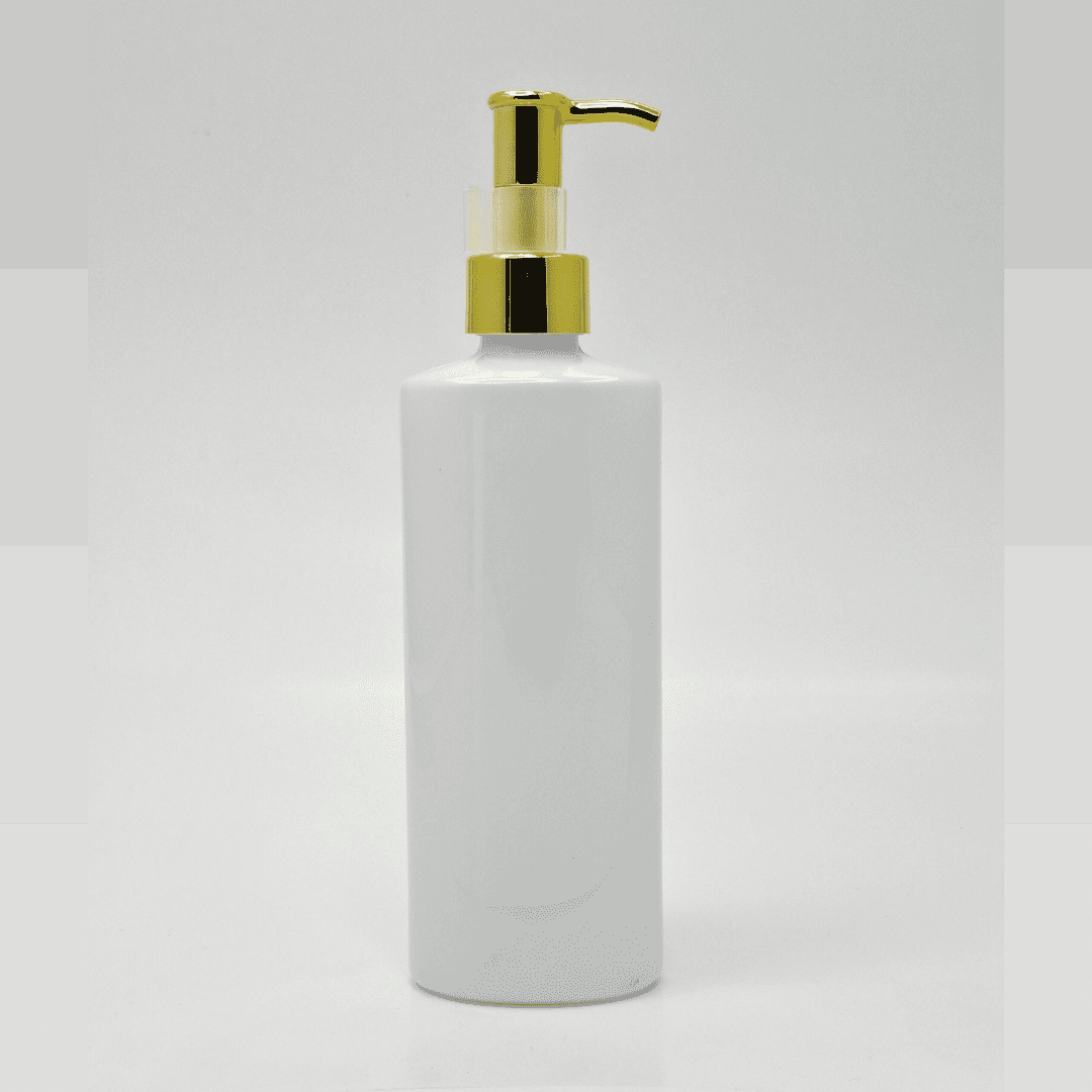 Main image of 200ml White Oval Bottle - Gold Long Neck Pump
