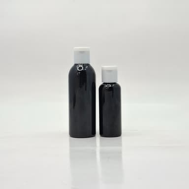 50m-100ml Round Black Bottle - Flip Top Lids White