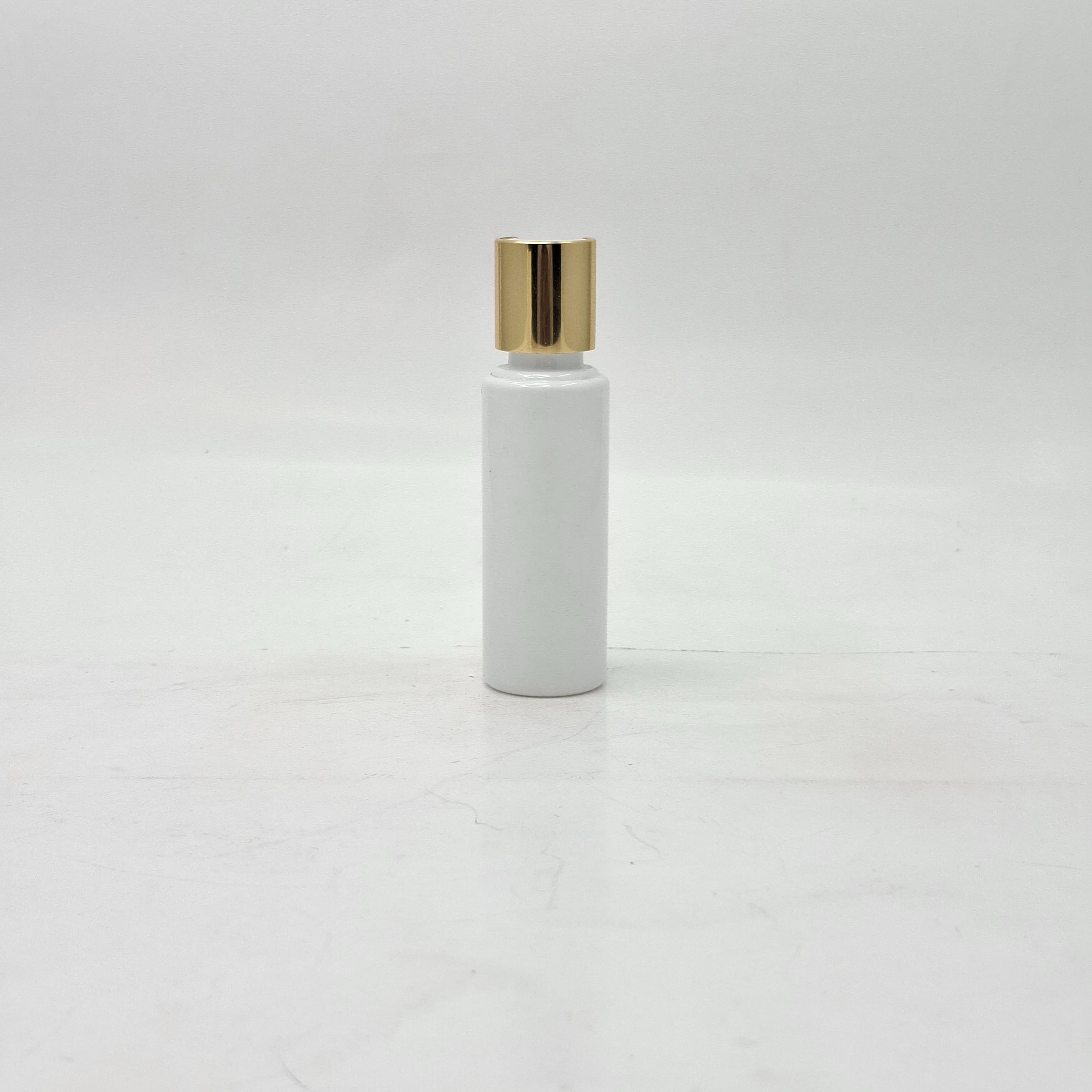 Main image of 50ml Round Flat Neck White  Bottle  - 20mm Press Lid Gold