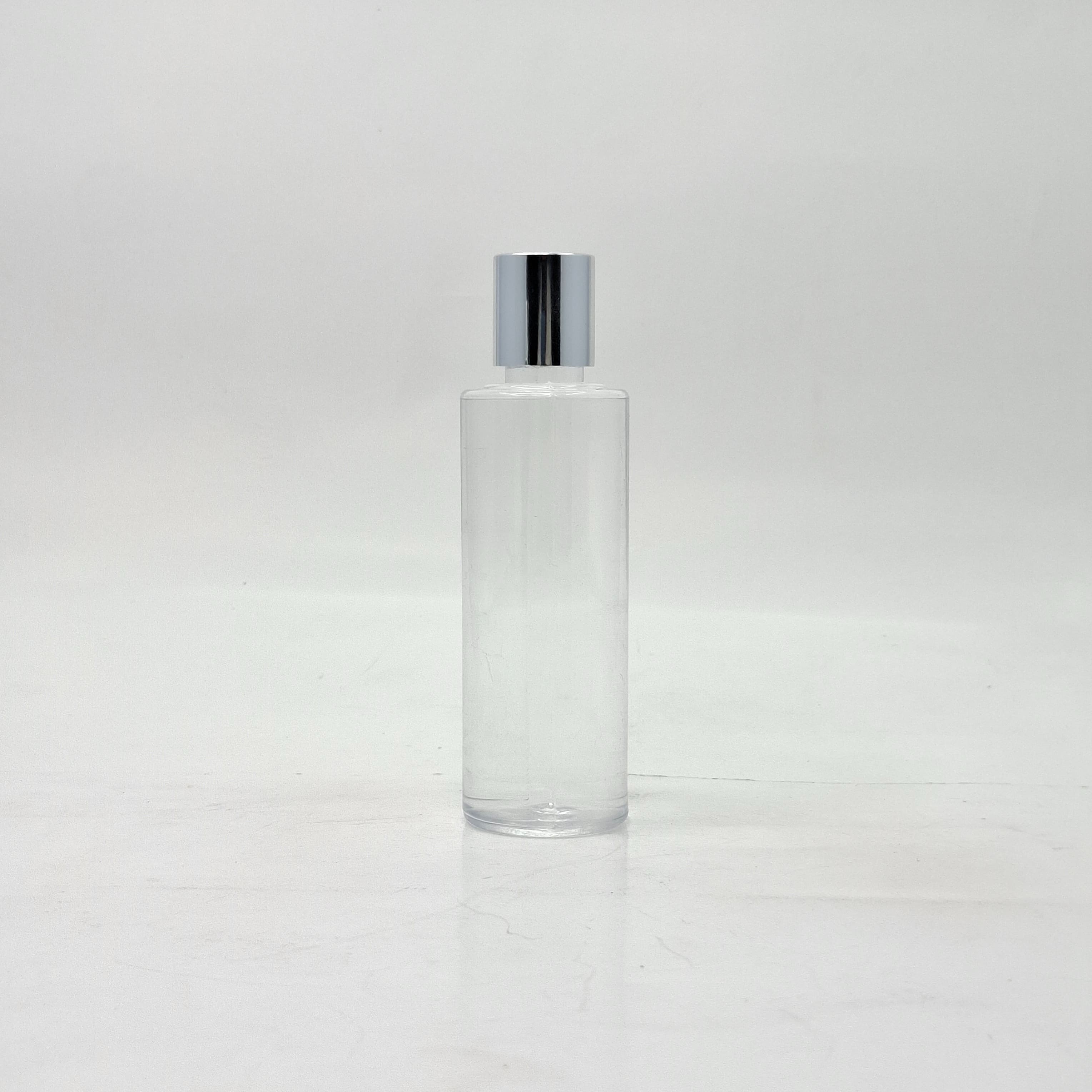 Main image of 100ml Round Flat Nack Bottle Clear - Press Lid Silver