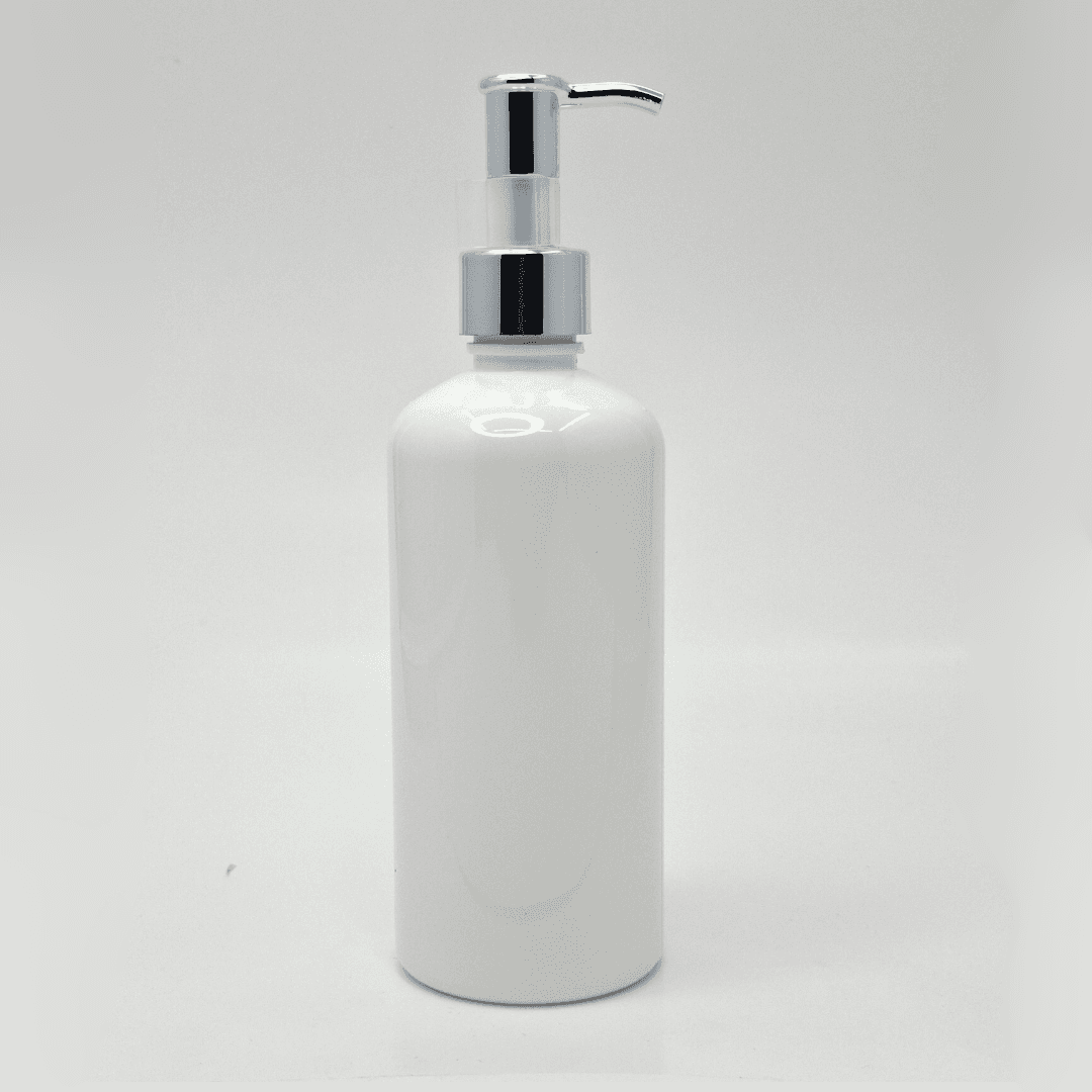 Main image of 300ml Round White Bottle - Silver Long Neck Pump