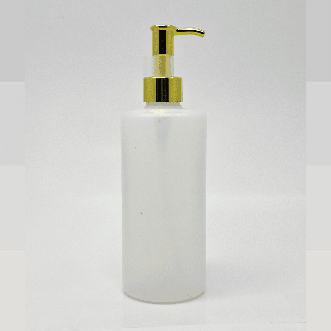 Main image of 340ml Clear HDPE Bottle - Gold Long Neck Pump