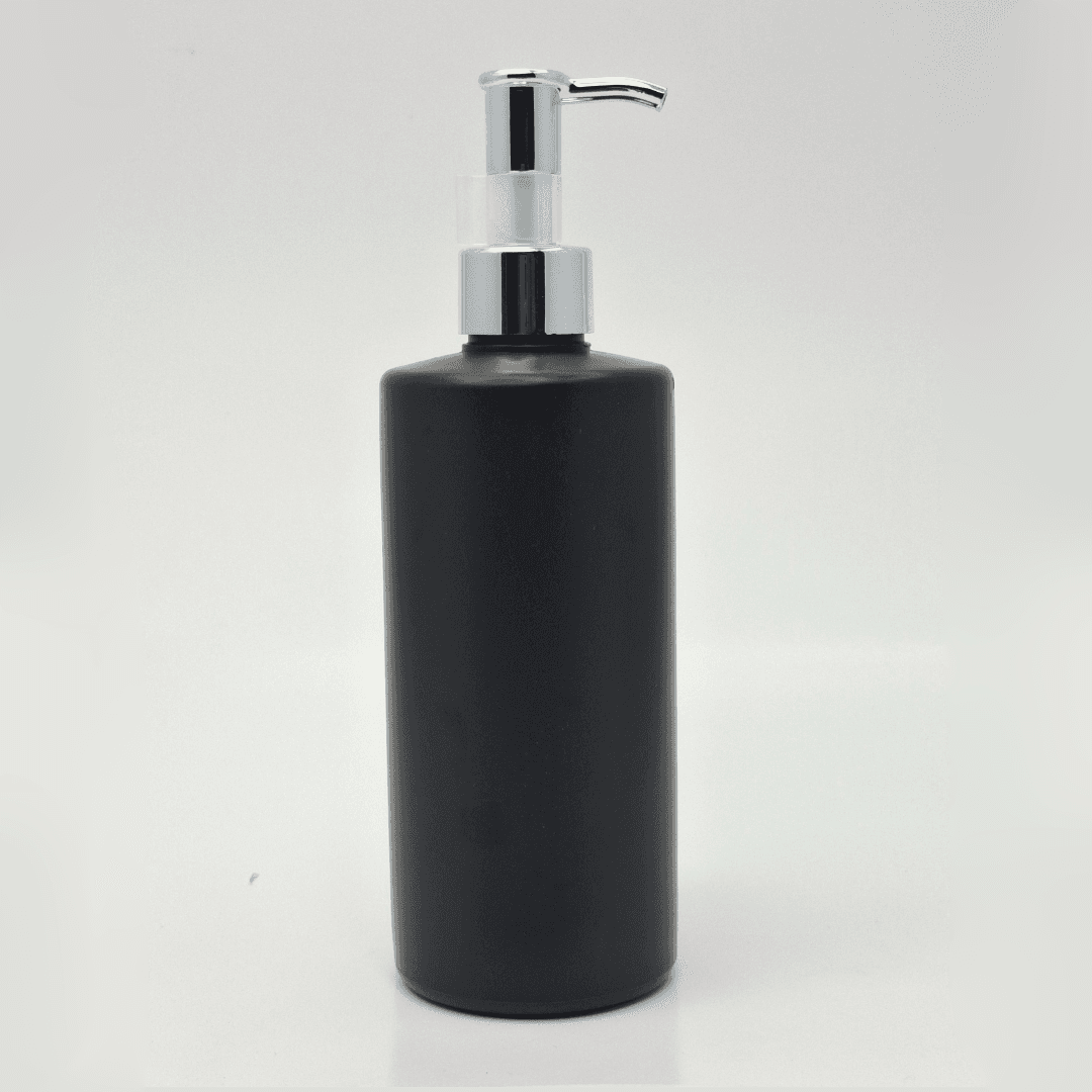 Main image of 340ml Black HDPE Bottle - Silver Long Neck Pump