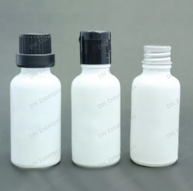 Milk White Glass Bottles With Euro Dropper / Black Plastic Lid / Aluminium lid